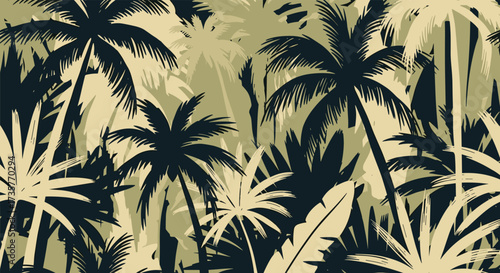 A dense tropical jungle canopy filled with palm trees and lush foliage.