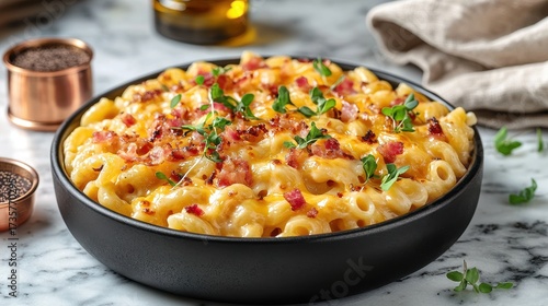 Mac bowl elevated gourmet macaroni and cheese with crispy bacon bits and fresh microgreens in premium black ceramic bowl on marble surface