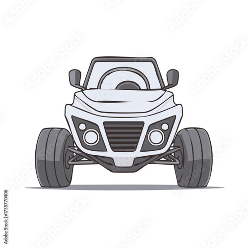 Monochrome cartoon illustration of a powerful off road buggy from the front view