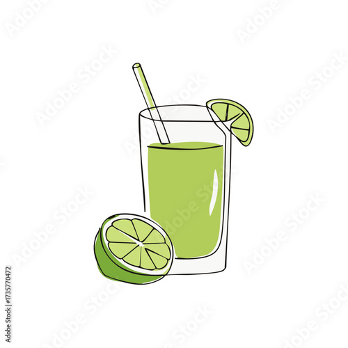 Hand drawn illustration of a glass of refreshing limeade with a citrus garnish
