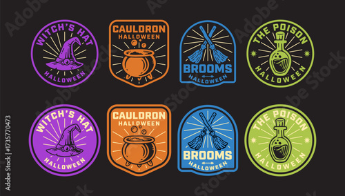 witch hat, bubbling cauldron, broomstick crossed, poison bottle, flask retro badge logo vector design set for halloween spooky merchandise and print design. vector illustration