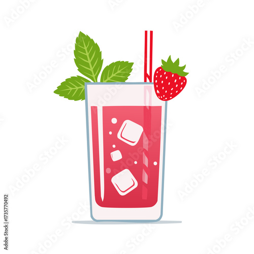Refreshing strawberry drink with ice cubes mint leaves and red straw in a clear glass
