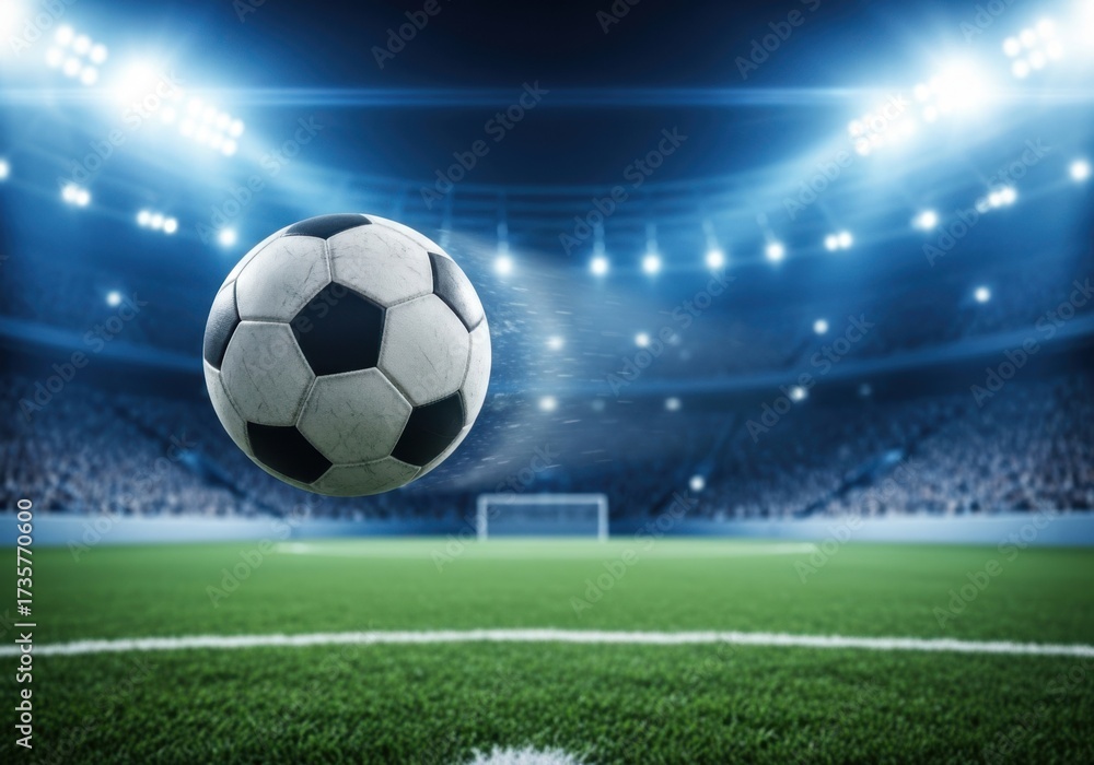 Fototapeta premium A classic black and white soccer ball suspended in mid air above a stadium field isolated on white background