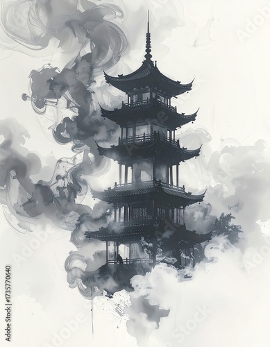 Asian pagoda with ink swirls