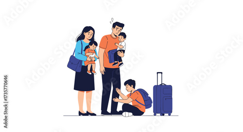 A family with three children and luggage awaits their travel.