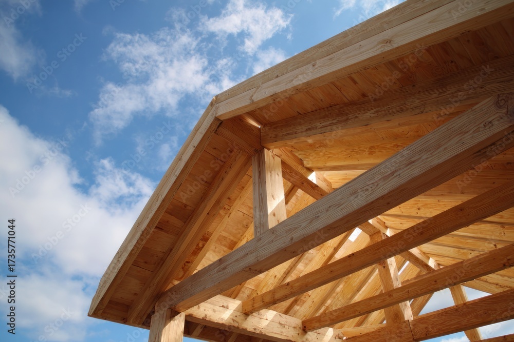 Fototapeta premium Exposed Wooden Rafters Against a Blue Sky with Clouds.