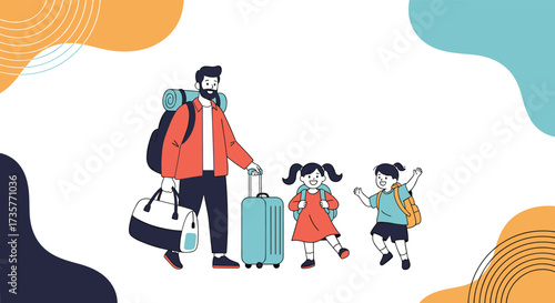 A father and his two children are ready for a vacation together.