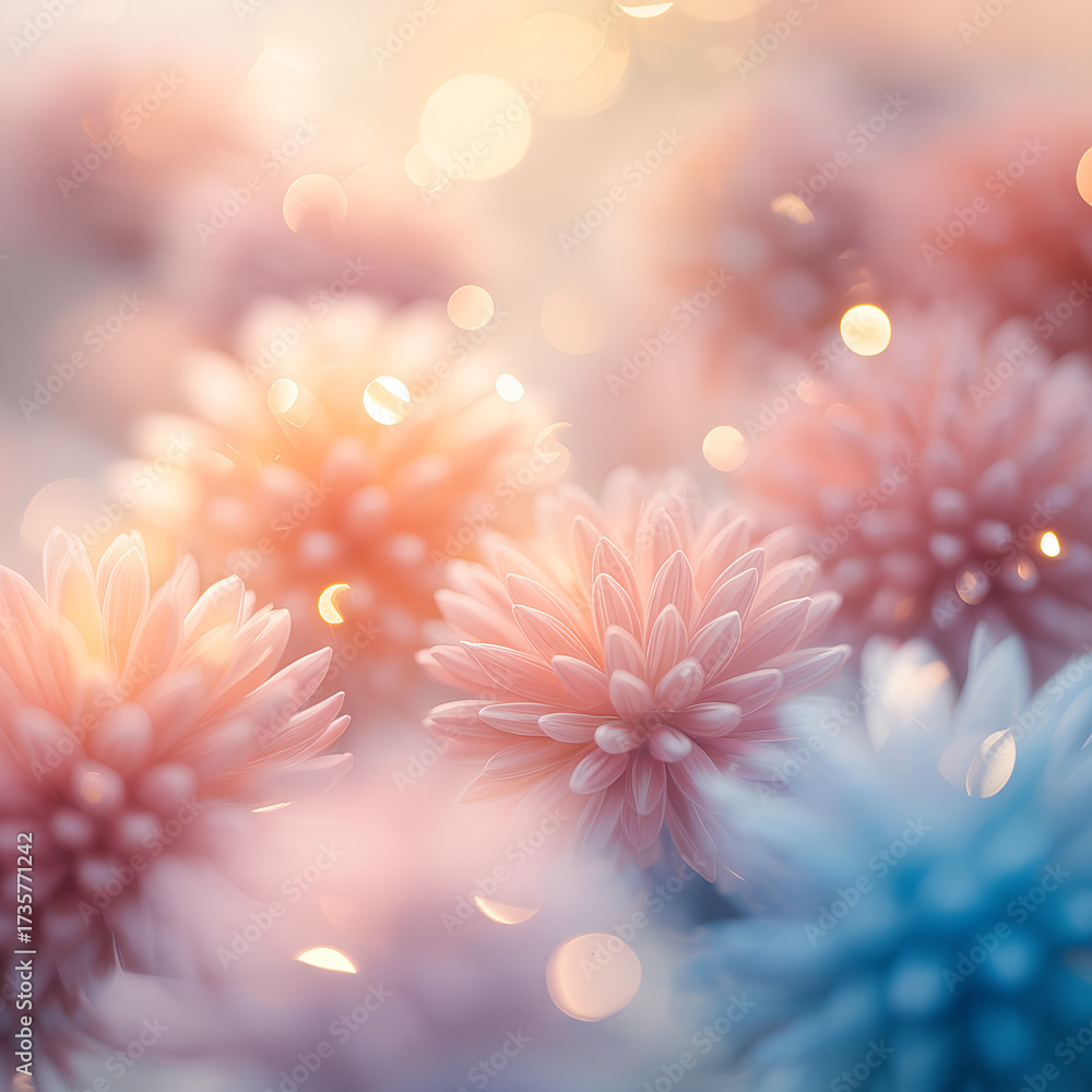Obraz premium Dreamy floral background with soft focus and bokeh lights, pastel colors