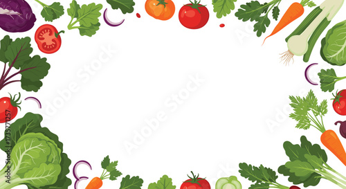 A vibrant border of fresh vegetables and herbs on a white background.
