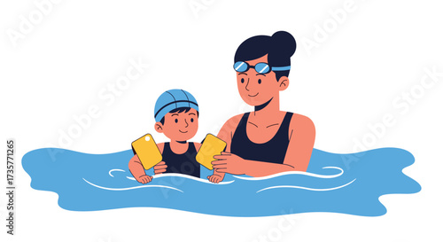 A mother teaches her young child to swim in the pool.