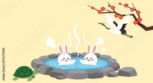 Two rabbits enjoying a hot spring bath with a crane flying above.