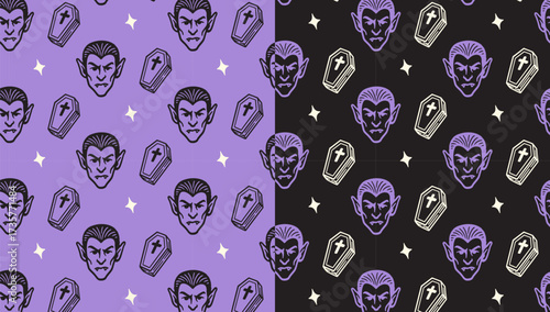 vampire head with fangs, coffin, light doodle seamless pattern on purple black background set for halloween merchandise. dracula, casket, star isolated motif pattern background. vector illustration