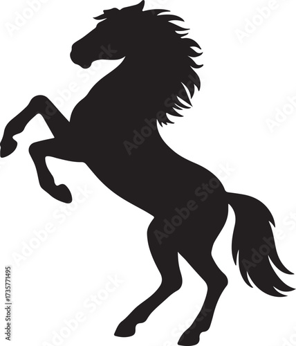 Black silhouette of a rearing horse with flowing mane and tail white background