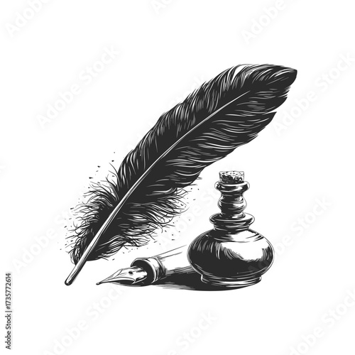 Black and white vector illustration featuring a classic feather quill alongside an ornate inkwell. The artistic depiction captures traditional writing tools in a timeless style.