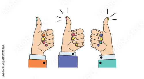Three hands showing the thumbs up gesture with colorful fingernails and celebratory sparks indicating approval and success.