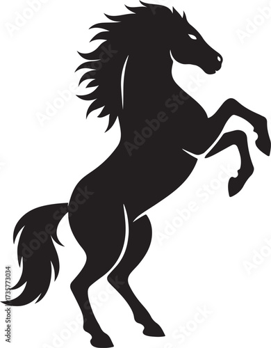 Black silhouette of a rearing horse with flowing mane and tail white background