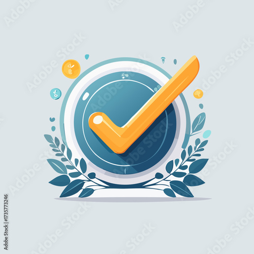 Golden checkmark icon on blue circle with leaves.