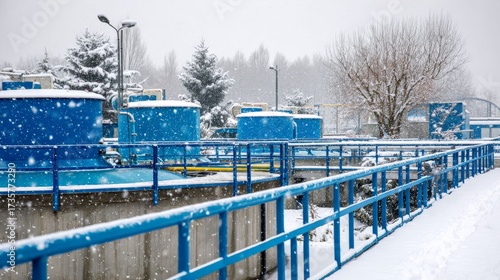 Snowy Winter Scene at a Water Treatment Plant: A serene winter scene unfolds at a water treatment plant. Snow blankets the structures and landscape, conveying a sense of stillness and cold weather.