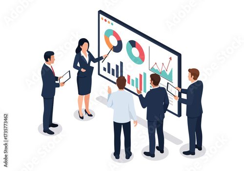 3D isometric illustration of business professionals analyzing charts and graphs on a digital screen, focusing on teamwork, data-driven strategy, and corporate decision-making