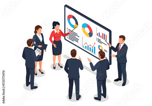 3D isometric illustration of business professionals analyzing charts and graphs on a digital screen, focusing on teamwork, data-driven strategy, and corporate decision-making