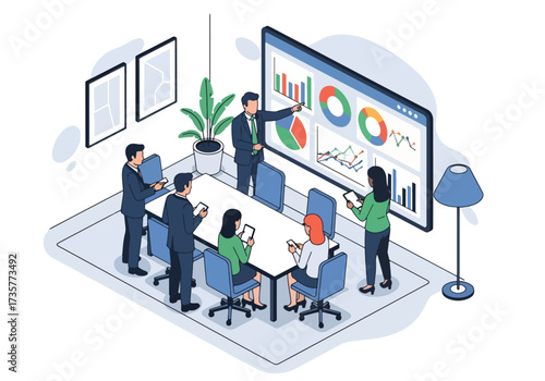 3D isometric illustration of business professionals in a boardroom meeting analyzing growth charts and financial reports, highlighting teamwork, strategy, and corporate decision-making