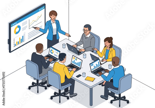 3D isometric illustration of business professionals in a conference meeting with laptops and charts, discussing data, strategies, and teamwork in a modern office environment
