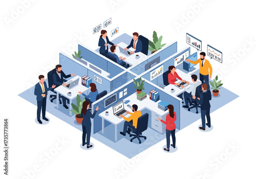 3D isometric illustration of employees working in office cubicles with laptops, charts, and reports, highlighting productivity, teamwork, and business communication in a modern workplace