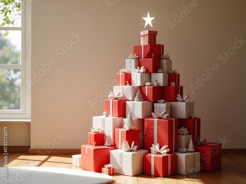 spirit christmas Stack of Wrapped Christmas Gift Boxes with Tree Decorations Festive Photography