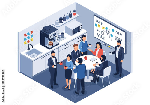 3D isometric illustration of business professionals having a casual coffee break meeting in an office pantry, emphasizing teamwork, collaboration, and workplace communication
