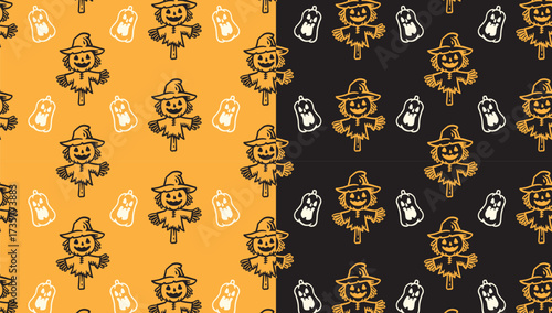 scarecrow and spooky pumpkin doodle seamless pattern on yellow black background set for halloween merchandise. jack o lantern puppet and calabash isolated motif pattern background. vector illustration