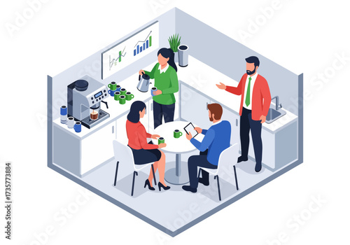 3D isometric illustration of business professionals having a casual coffee break meeting in an office pantry, emphasizing teamwork, collaboration, and workplace communication