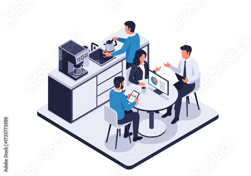 3D isometric illustration of business professionals having a casual coffee break meeting in an office pantry, emphasizing teamwork, collaboration, and workplace communication