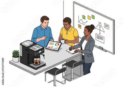 3D isometric illustration of business professionals having a casual coffee break meeting in an office pantry, emphasizing teamwork, collaboration, and workplace communication