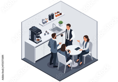 3D isometric illustration of business professionals having a casual coffee break meeting in an office pantry, emphasizing teamwork, collaboration, and workplace communication