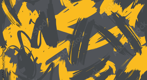 Abstract brush strokes of yellow and dark gray create a dynamic textured background.