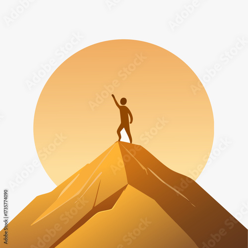 Person on Mountain Peak Reaching for Success and Achievement.