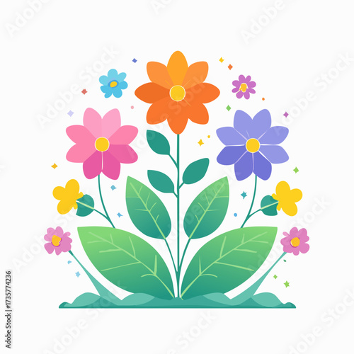 Colorful floral arrangement with vibrant blossoms and green leaves.