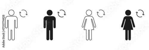 Male And Female Rotation Icon Set. Gender Change, Transformation, And Identity Shift Outline And Silhouette Symbol Collection. Human Figure With Arrows. Isolated Vector Illustration