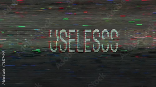 Glitchy Useless Text Displayed on Distorted Screen Background.