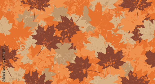 A rustic camouflage pattern featuring scattered autumnal maple leaves in earthy tones of orange brown and beige.