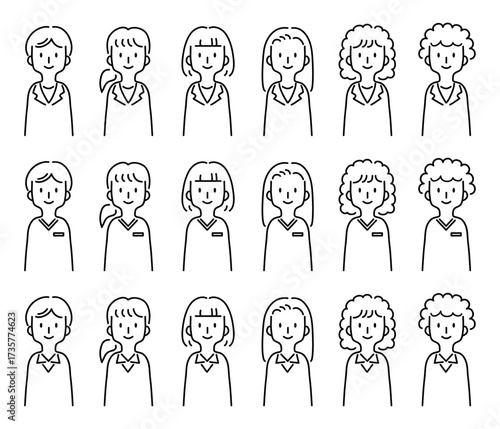 医療関係の制服を着た様々なタイプの女性のアバターのベクターイラスト,アイコン,シンプル,モノクロ
