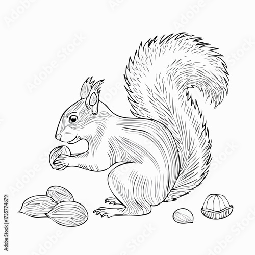 Squirrel holding nut with other nuts around it.