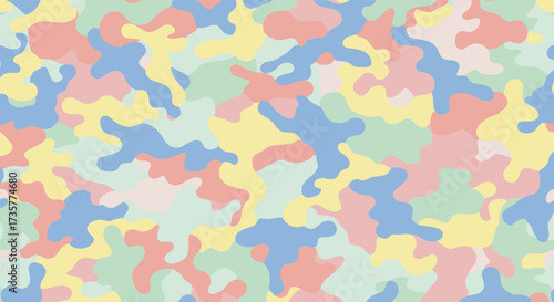 A playful camouflage pattern featuring soft pastel colors like pink yellow blue and green.
