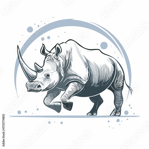 Detailed illustration of a rhinoceros in motion, artistic design.