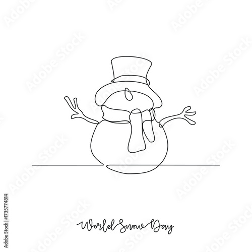 One continuous line drawing of World Snow Day vector illustration. World Snow Day theme design concept in simple linear continuous line. Great design for World Snow Day event and campaign purpose.