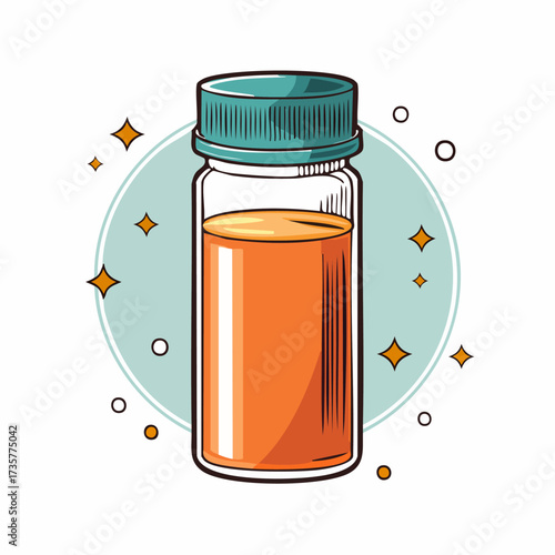 Orange liquid medicine bottle with a teal cap and background.