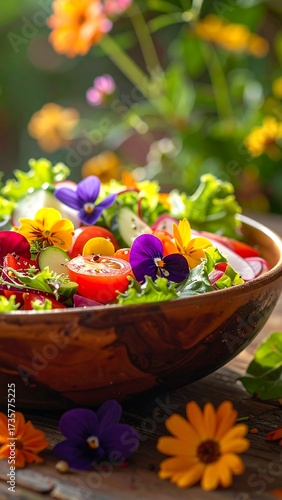 Colorful Salad with Edible Flowers: A Fresh and Healthy Culinary Delight Display