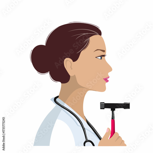 Female doctor holding a medical hammer, ready for examination.