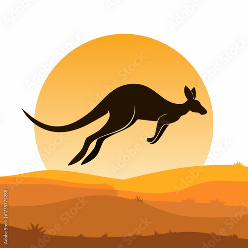 Silhouette of a kangaroo leaping against the sunset in Australia.