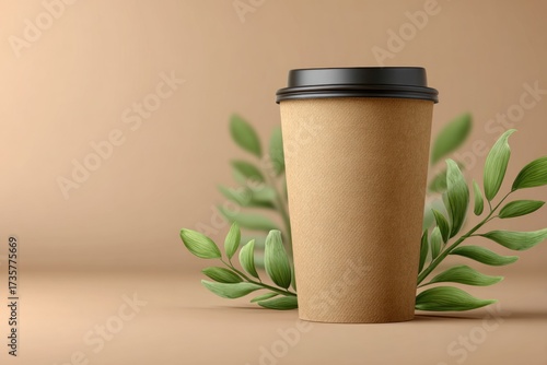 A neutral-toned  presentation of a blank disposable paper coffee cup, accented by delicate green foliage, establishing an aesthetically pleasing and eco-conscious product display.